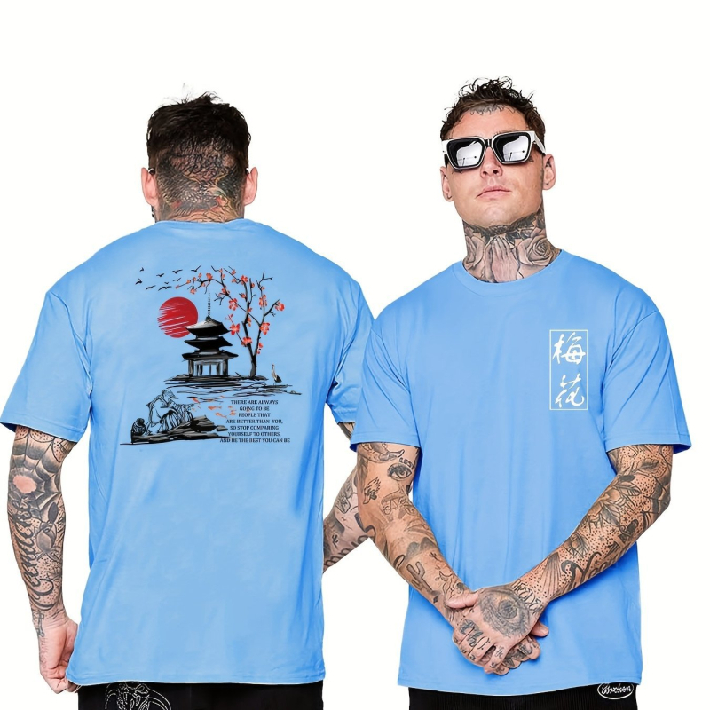 Tricou cu imprimeu de caractere chinezești Prună, tricou bărbătesc, vară, primăvară, toamnă, tricou casual cu mânecă scurtă, jachetă