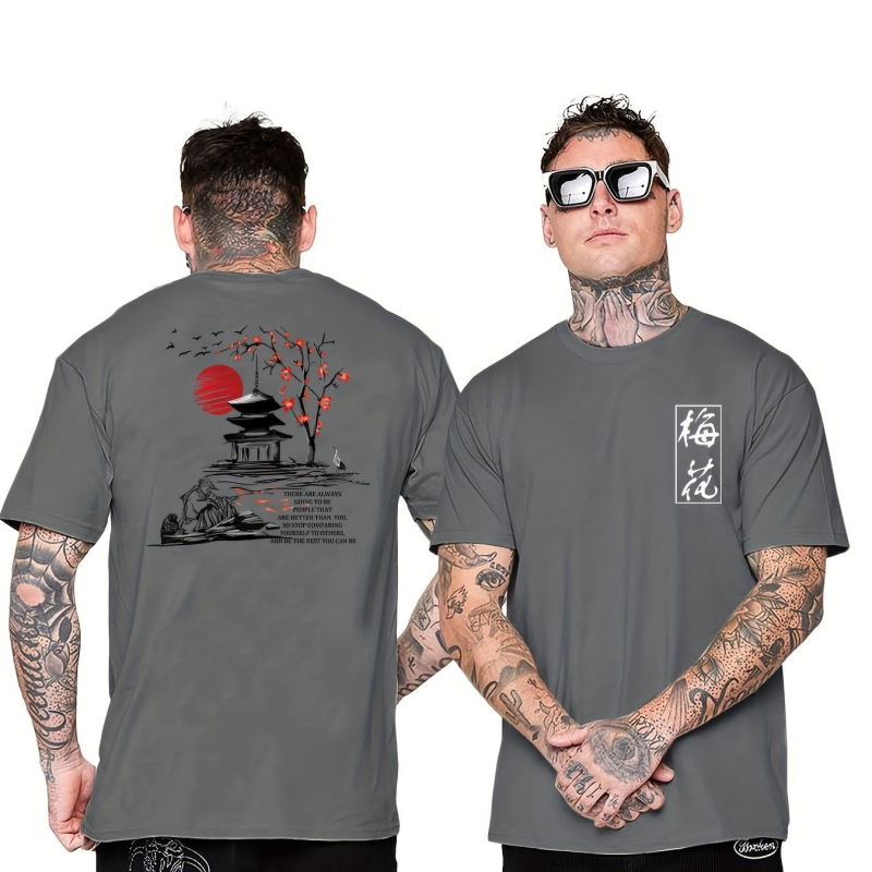 Tricou cu imprimeu de caractere chinezești Prună, tricou bărbătesc, vară, primăvară, toamnă, tricou casual cu mânecă scurtă, jachetă