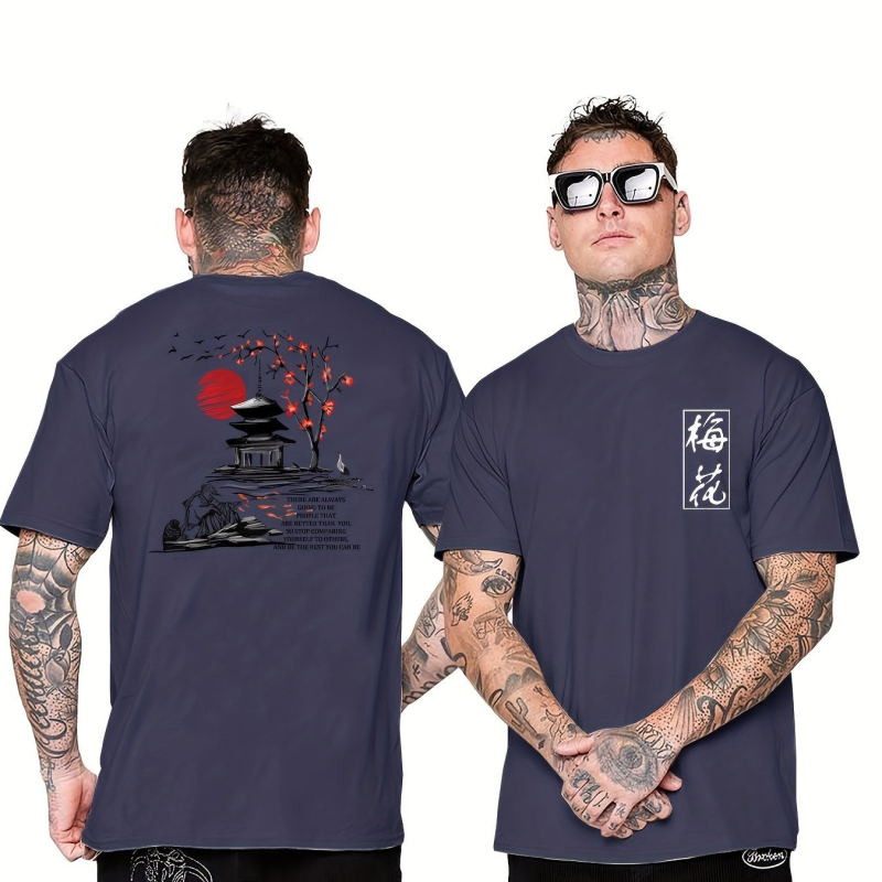 Tricou cu imprimeu de caractere chinezești Prună, tricou bărbătesc, vară, primăvară, toamnă, tricou casual cu mânecă scurtă, jachetă