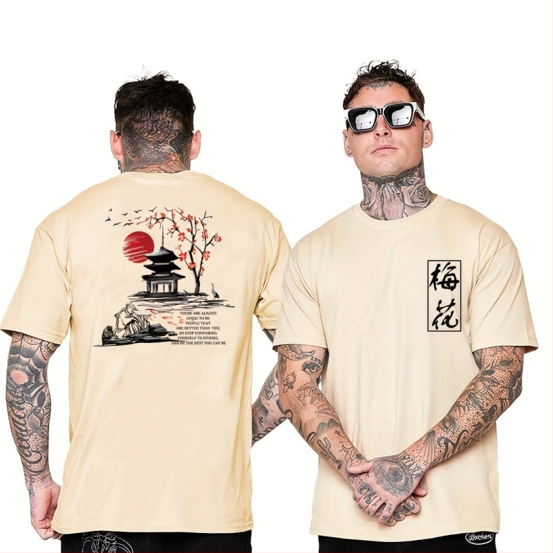 Tricou cu imprimeu de caractere chinezești Prună, tricou bărbătesc, vară, primăvară, toamnă, tricou casual cu mânecă scurtă, jachetă