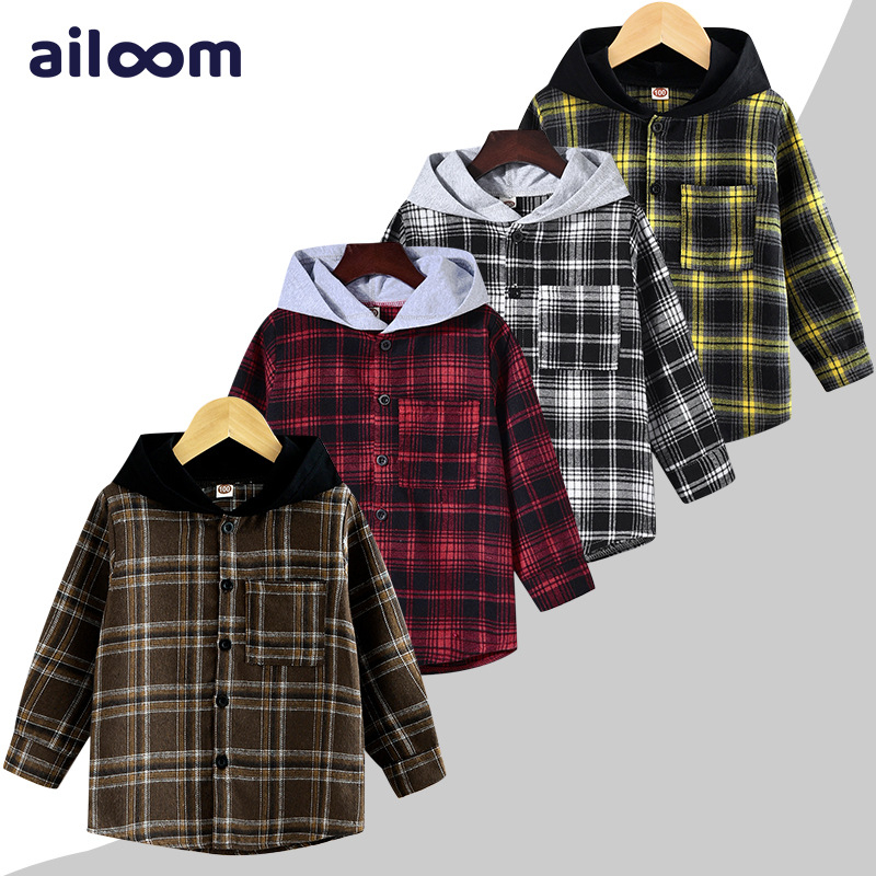 Νέο καρό πουκάμισο με κουκούλα για αγόρια, ανοιξιάτικο casual πουκάμισο 2023 για μωρά, παιδικό φθινοπωρινό ζακέτα με μακριά μανίκια