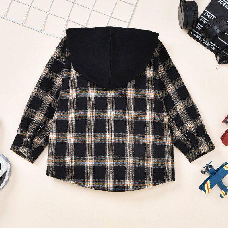Νέο καρό πουκάμισο με κουκούλα για αγόρια, ανοιξιάτικο casual πουκάμισο 2023 για μωρά, παιδικό φθινοπωρινό ζακέτα με μακριά μανίκια