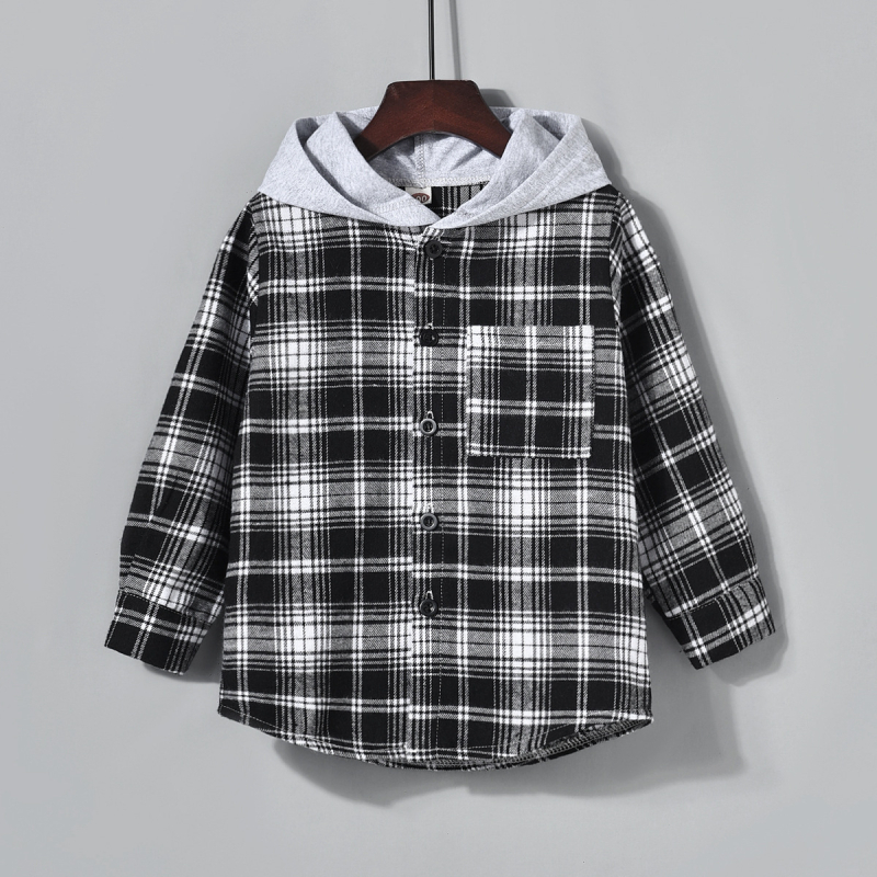 Νέο καρό πουκάμισο με κουκούλα για αγόρια, ανοιξιάτικο casual πουκάμισο 2023 για μωρά, παιδικό φθινοπωρινό ζακέτα με μακριά μανίκια