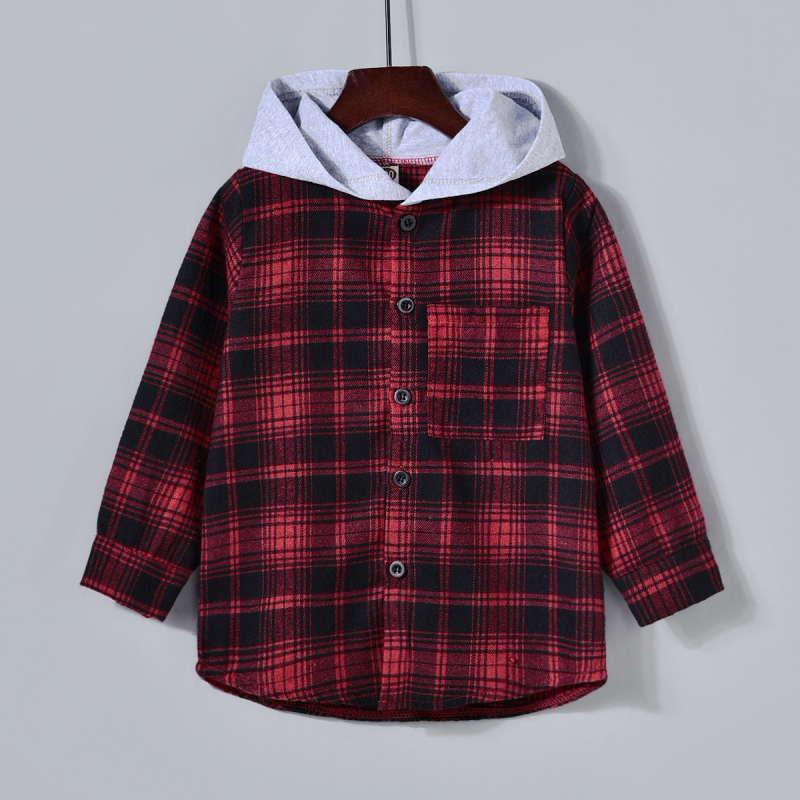 Νέο καρό πουκάμισο με κουκούλα για αγόρια, ανοιξιάτικο casual πουκάμισο 2023 για μωρά, παιδικό φθινοπωρινό ζακέτα με μακριά μανίκια
