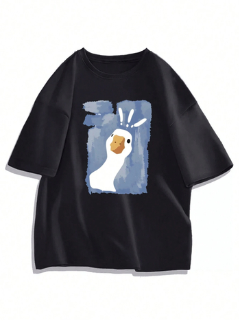 Ανδρικό T-shirt με Στάμπα Πάπιας και Στρογγυλή Λαιμόκοψη, Κοντομάνικο, Casual