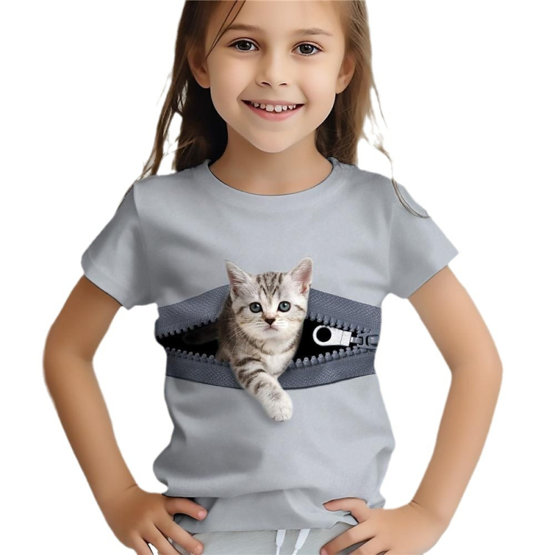 Ανεξάρτητος Σταθμός Ζεστή Προσφορά Καλοκαιρινά Αθλητικά Μόδα Παιδικά Κινούμενα Σχέδια Γάτας 3D Εκτύπωση Στρογγυλή Λαιμόκοψη Κοντομάνικο T-shirt