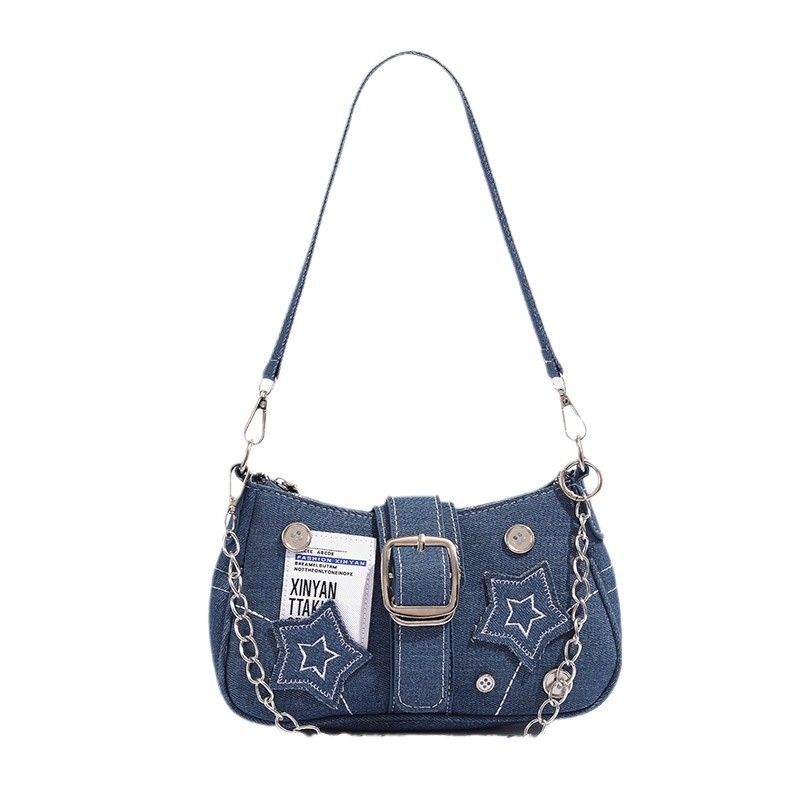 2024. aasta uus poolkuu kott, kuum tüdrukute viieharuline täht, teksariidest kaenlaalused kotid, nišš, ameerika inglise keele plakatikujuline ketiga kott naistele