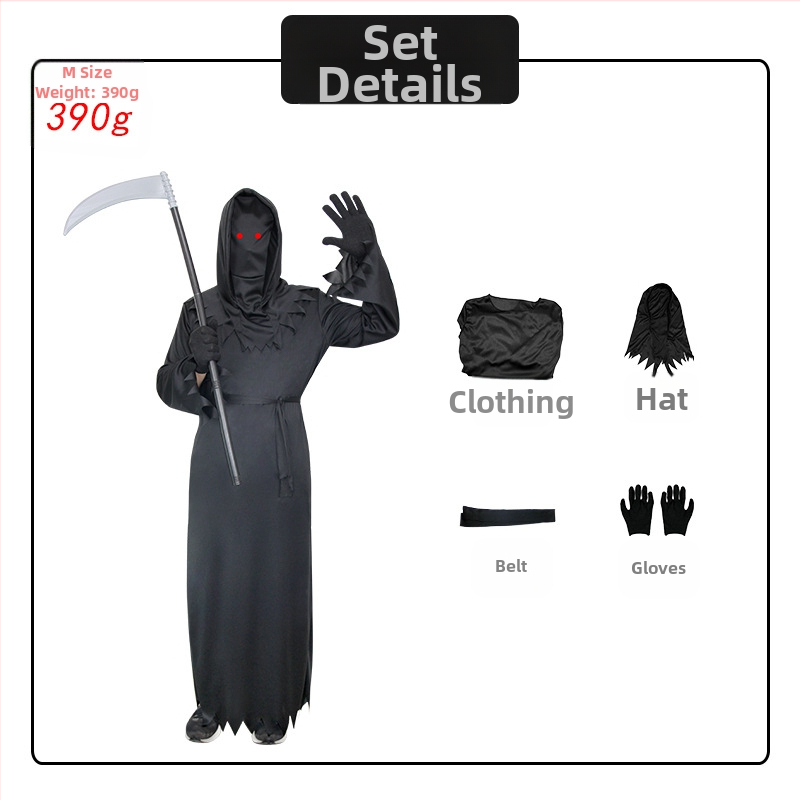 Laste müsteerium-õudus-surmakleit Halloweeni mängukostüüm lahedate punaste silmadega sirbiga