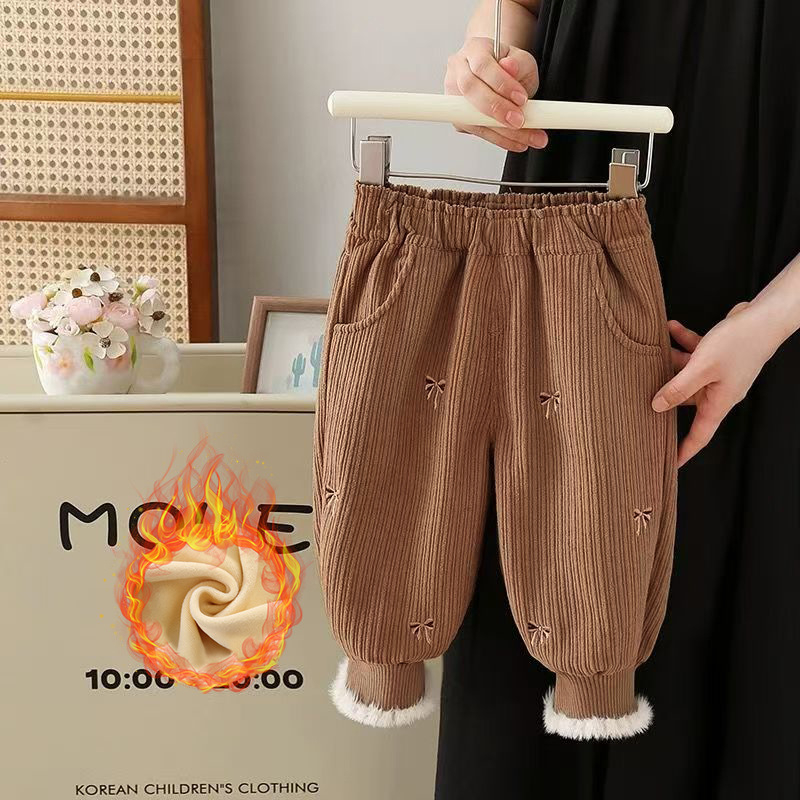 Djevojačke hlače s flis podstavom, jesenske i zimske, zapadnjački stil, ležerne hlače za bebe, dječja zimska odjeća, ležerna vanjska odjeća s zadebljanim nogavicama