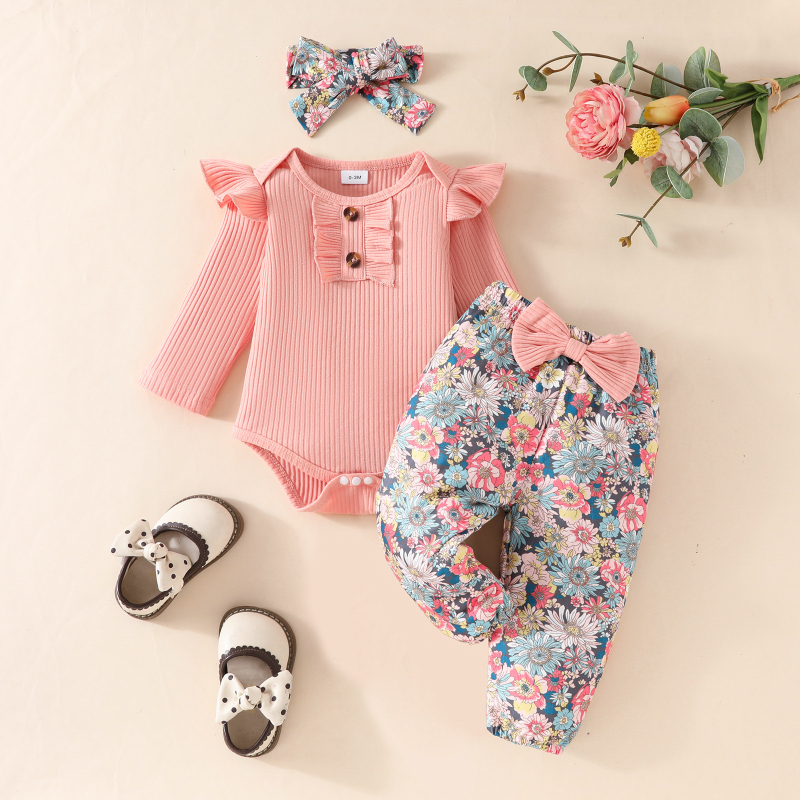 Τριγωνικό κοστούμι Baby Pit Strip Flying Sleeve με δαντέλα και μακριά μανίκια, τριγωνικό παντελόνι Harper Flower Flower Flower Ζώνη μαλλιών