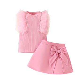 2025 Διασυνοριακά Κορίτσια Μωρό Γλυκό Καλοκαιρινό Mesh Pit Αμάνικο Μπλούζα Μονόχρωμη Φούστα με Φιόγκο