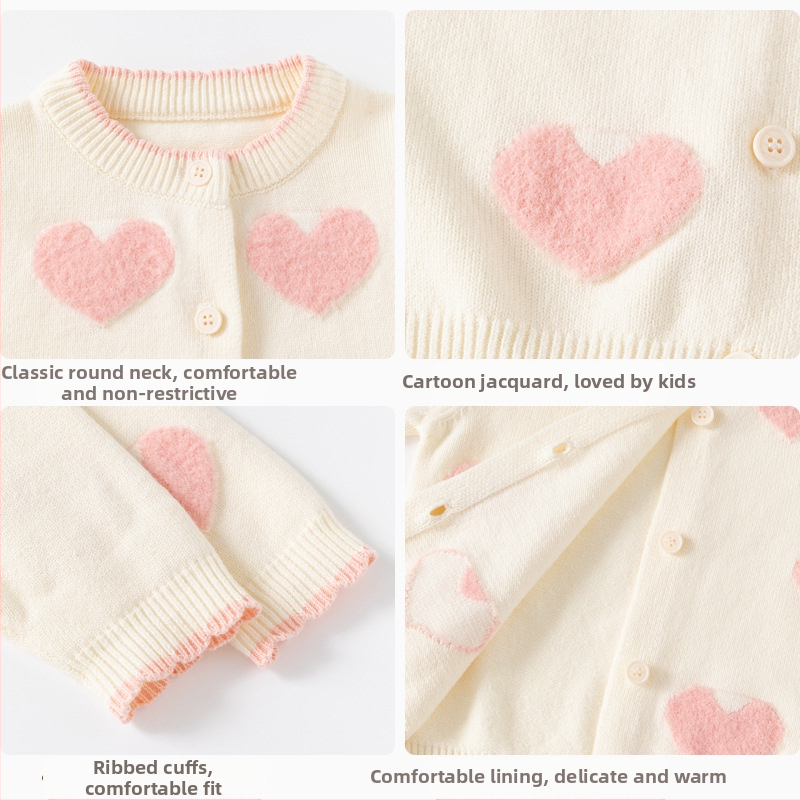 Мек и восъчен бебешки пуловер Little Heart от чист памук Категория a Есенно-зимен пуловер за момичета, плетен бебешки кардиган, връхно облекло