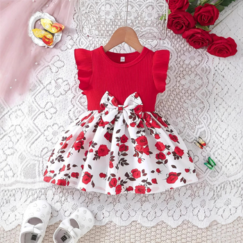 Letné dievčenské šaty s volánmi a mašľou, ružovou potlačou, trendy, cezhraničné INS