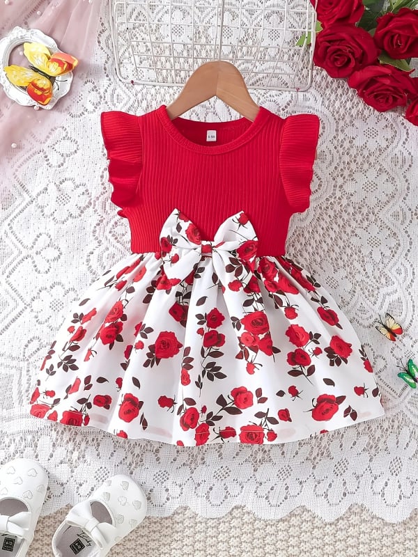 Letné dievčenské šaty s volánmi a mašľou, ružovou potlačou, trendy, cezhraničné INS