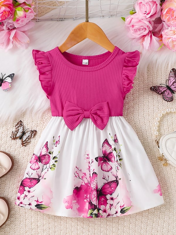 Letné dievčenské šaty s volánmi a mašľou, ružovou potlačou, trendy, cezhraničné INS
