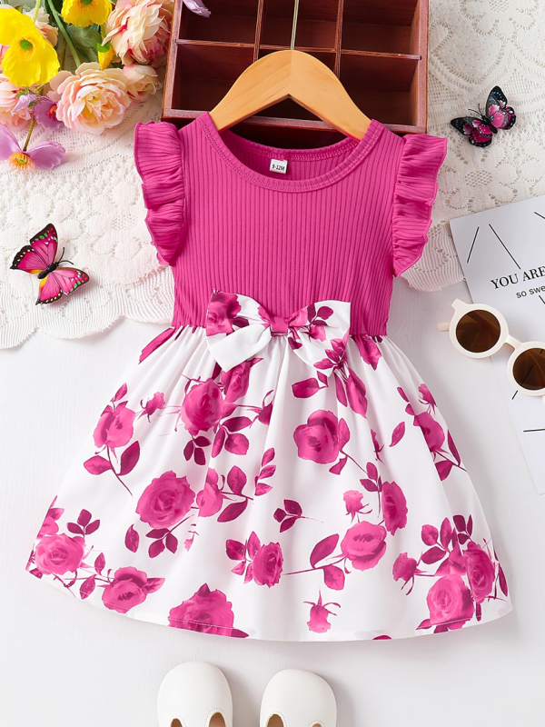 Letné dievčenské šaty s volánmi a mašľou, ružovou potlačou, trendy, cezhraničné INS