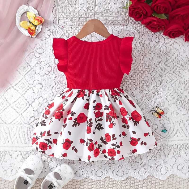 Letné dievčenské šaty s volánmi a mašľou, ružovou potlačou, trendy, cezhraničné INS