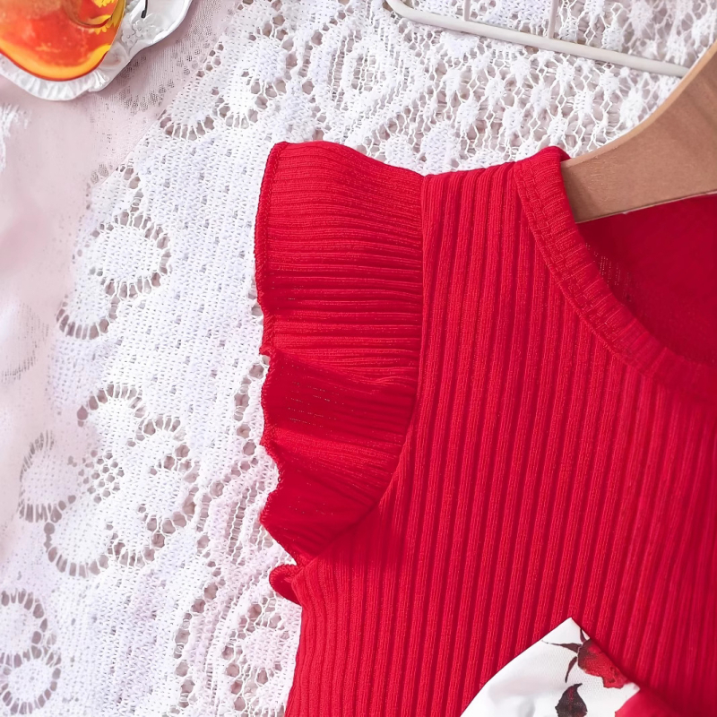 Letné dievčenské šaty s volánmi a mašľou, ružovou potlačou, trendy, cezhraničné INS