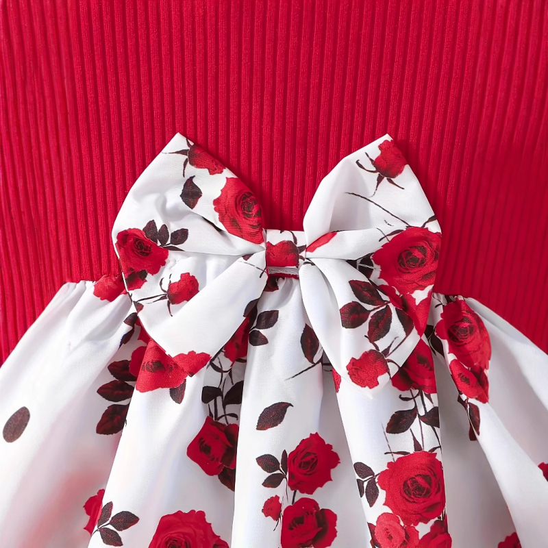 Letné dievčenské šaty s volánmi a mašľou, ružovou potlačou, trendy, cezhraničné INS