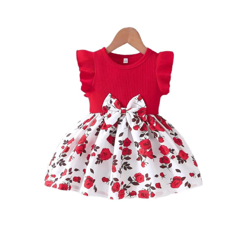 Letné dievčenské šaty s volánmi a mašľou, ružovou potlačou, trendy, cezhraničné INS