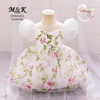 Νέο φόρεμα πριγκίπισσας για κορίτσια σε διασυνοριακό στυλ, φόρεμα γενεθλίων, φόρεμα για κορίτσια με λουλούδια, τυπωμένα αξεσουάρ μαλλιών