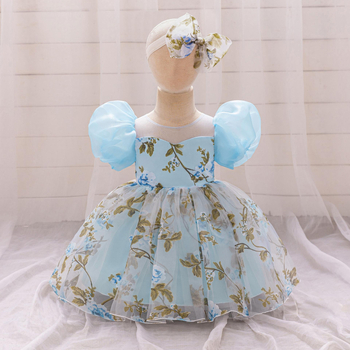 Νέο φόρεμα πριγκίπισσας για κορίτσια σε διασυνοριακό στυλ, φόρεμα γενεθλίων, φόρεμα για κορίτσια με λουλούδια, τυπωμένα αξεσουάρ μαλλιών