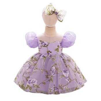 Νέο φόρεμα πριγκίπισσας για κορίτσια σε διασυνοριακό στυλ, φόρεμα γενεθλίων, φόρεμα για κορίτσια με λουλούδια, τυπωμένα αξεσουάρ μαλλιών