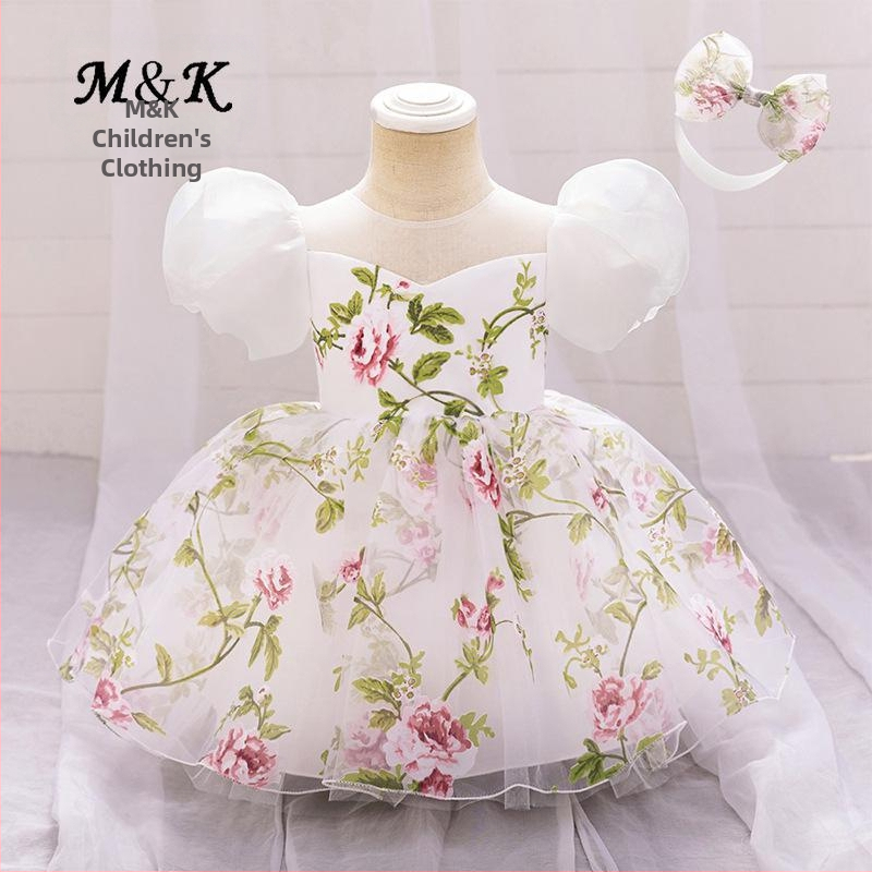 Nové dievčenské princeznovské šaty, sieťované dievčenské šaty, narodeninové šaty s kvetinovými dievčenskými šatami, potlačené vlasové doplnky