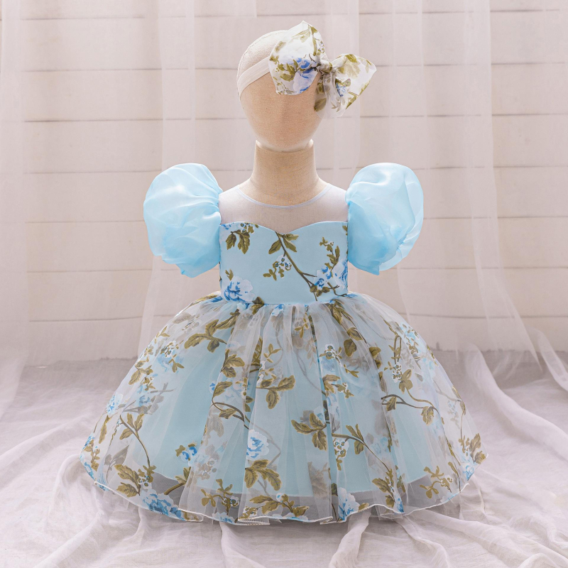 Prekogranična nova djevojačka princezina haljina Mrežasta djevojačka haljina Rođendanska haljina Haljina za cvjetne djevojčice Dodaci za kosu s printom