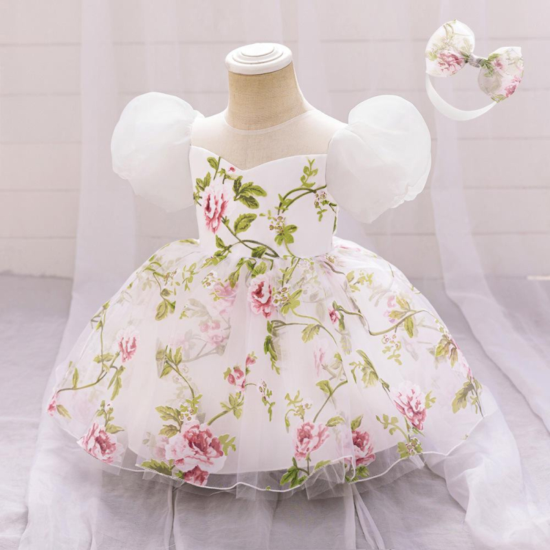 Prekogranična nova djevojačka princezina haljina Mrežasta djevojačka haljina Rođendanska haljina Haljina za cvjetne djevojčice Dodaci za kosu s printom