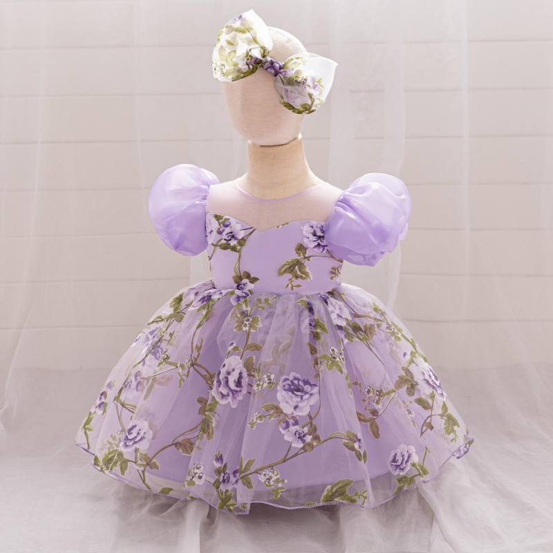 Prekogranična nova djevojačka princezina haljina Mrežasta djevojačka haljina Rođendanska haljina Haljina za cvjetne djevojčice Dodaci za kosu s printom