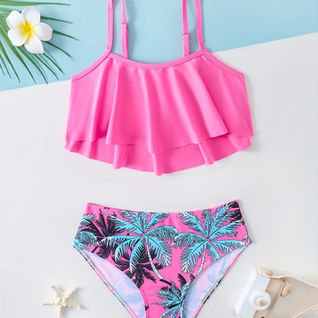 25-aastane Euroopa ja Ameerika laste ujumistrikoo, troopilise mustriga, lõhestatud, keskmise ja suure suurusega tüdrukute ujumistrikoo, mereäärne puhkusepäikesekaitse