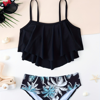 25-aastane Euroopa ja Ameerika laste ujumistrikoo, troopilise mustriga, lõhestatud, keskmise ja suure suurusega tüdrukute ujumistrikoo, mereäärne puhkusepäikesekaitse