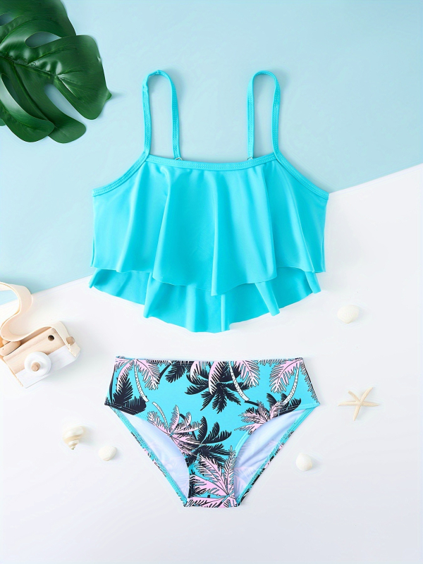 25-aastane Euroopa ja Ameerika laste ujumistrikoo, troopilise mustriga, lõhestatud, keskmise ja suure suurusega tüdrukute ujumistrikoo, mereäärne puhkusepäikesekaitse