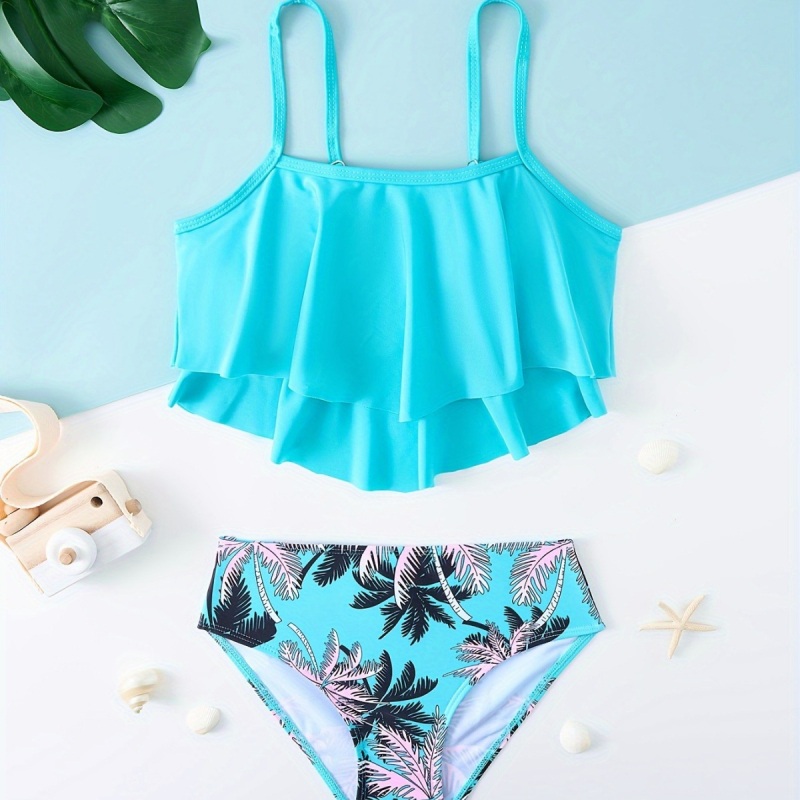 25-aastane Euroopa ja Ameerika laste ujumistrikoo, troopilise mustriga, lõhestatud, keskmise ja suure suurusega tüdrukute ujumistrikoo, mereäärne puhkusepäikesekaitse