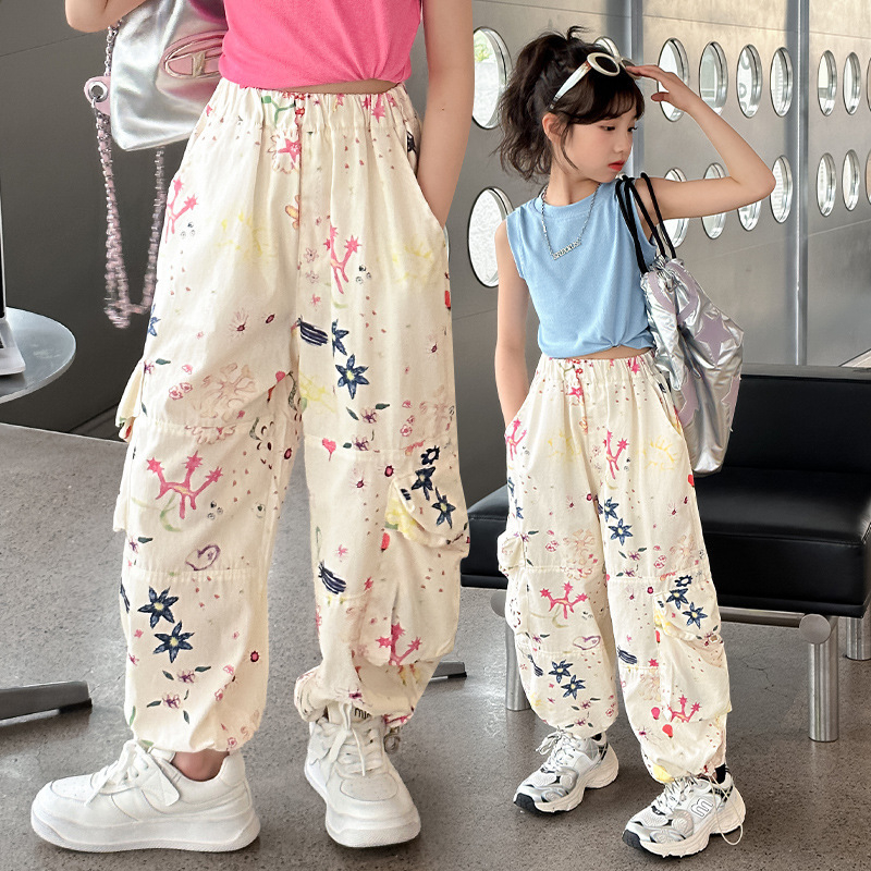 Ljetne tanke 2024. Nove dječje ženske hlače, dječja ljetna odjeća, modni kombinezoni, velike dječje proljetne i ljetne široke ležerne hlače