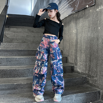 Φθινοπωρινό παντελόνι tie-dye Crock για κορίτσια σε κορεατικό στιλ, παιδικό μοντέρνο μπλουζάκι με έξω ώμους για street dance sportswear