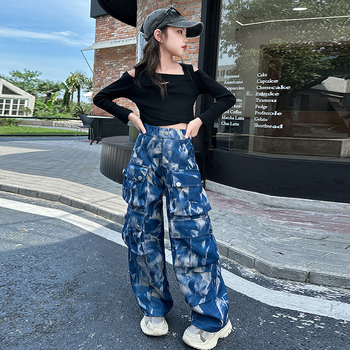 Φθινοπωρινό παντελόνι tie-dye Crock για κορίτσια σε κορεατικό στιλ, παιδικό μοντέρνο μπλουζάκι με έξω ώμους για street dance sportswear