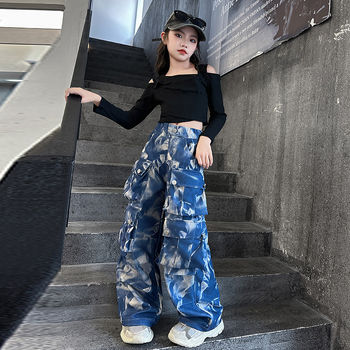 Φθινοπωρινό παντελόνι tie-dye Crock για κορίτσια σε κορεατικό στιλ, παιδικό μοντέρνο μπλουζάκι με έξω ώμους για street dance sportswear