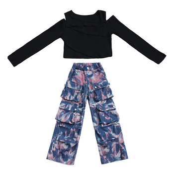 Φθινοπωρινό παντελόνι tie-dye Crock για κορίτσια σε κορεατικό στιλ, παιδικό μοντέρνο μπλουζάκι με έξω ώμους για street dance sportswear