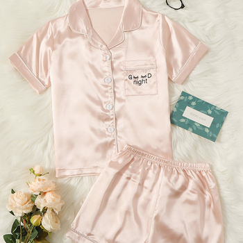 Vaikiški pižamos, vasarinės, vienspalvės, trumpomis rankovėmis, mergaičių laisvalaikio, patogūs, dirbtinio šilko namų drabužiai.