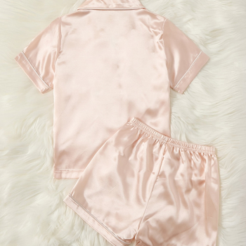 Vaikiški pižamos, vasarinės, vienspalvės, trumpomis rankovėmis, mergaičių laisvalaikio, patogūs, dirbtinio šilko namų drabužiai.