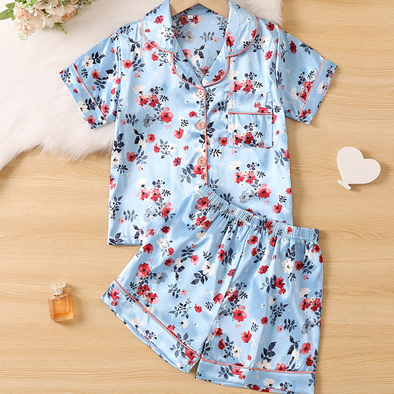 Vaikiški pižamos, vasarinės, vienspalvės, trumpomis rankovėmis, mergaičių laisvalaikio, patogūs, dirbtinio šilko namų drabužiai.