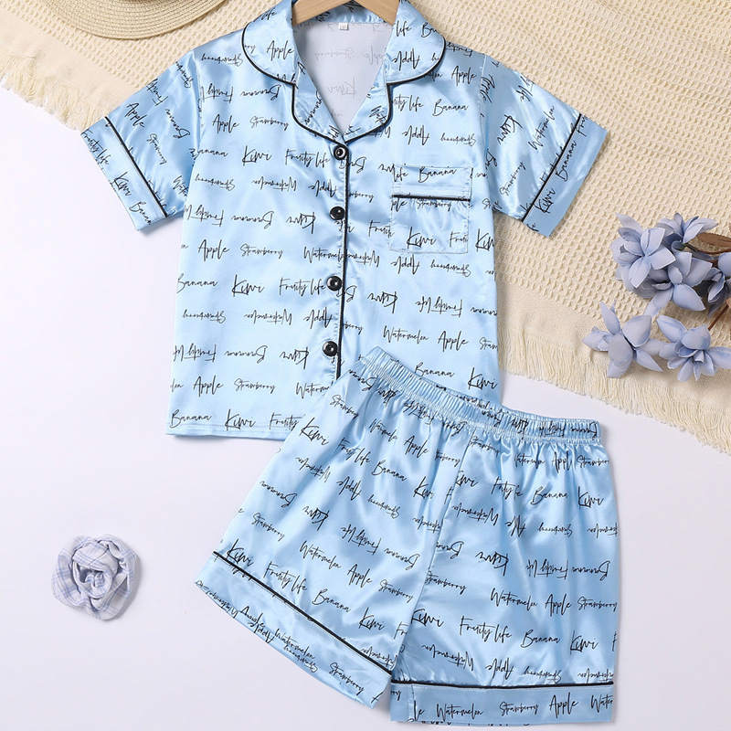 Vaikiški pižamos, vasarinės, vienspalvės, trumpomis rankovėmis, mergaičių laisvalaikio, patogūs, dirbtinio šilko namų drabužiai.