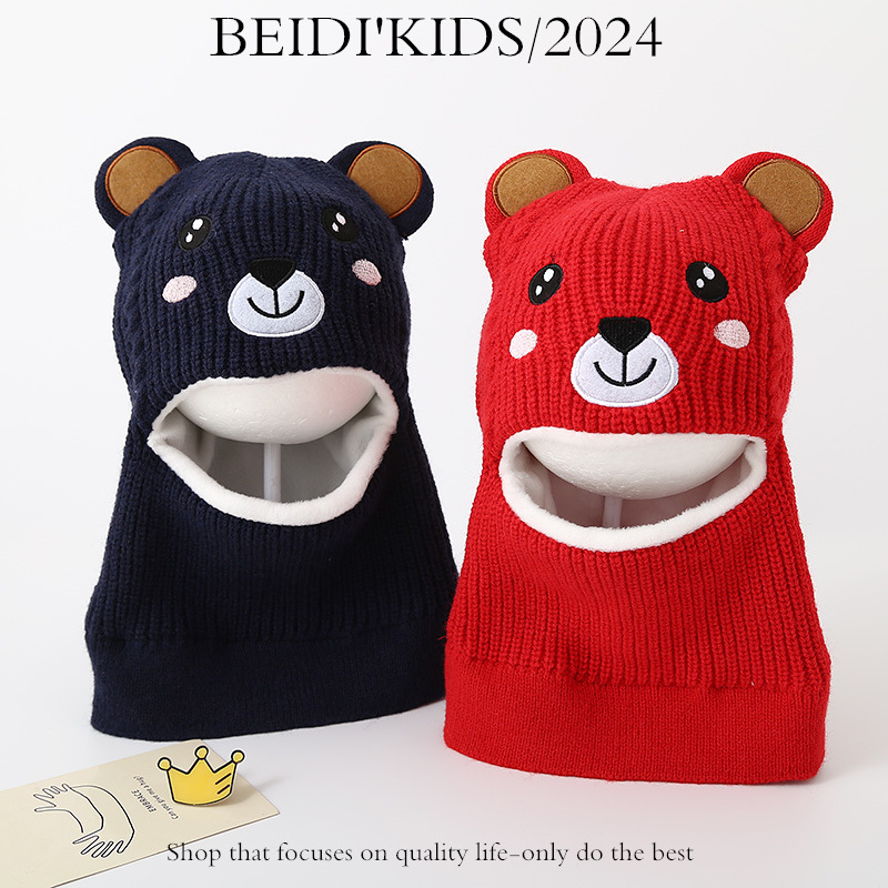 Dječja kapa, šal, integrirana pletena kapa za bebe, zadebljana topla kapa za glavu, vunena kapa s crtanim medvjedom S206