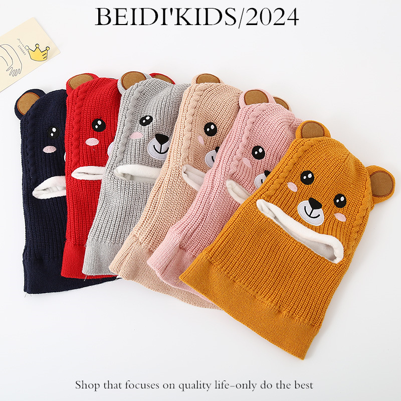 Dječja kapa, šal, integrirana pletena kapa za bebe, zadebljana topla kapa za glavu, vunena kapa s crtanim medvjedom S206