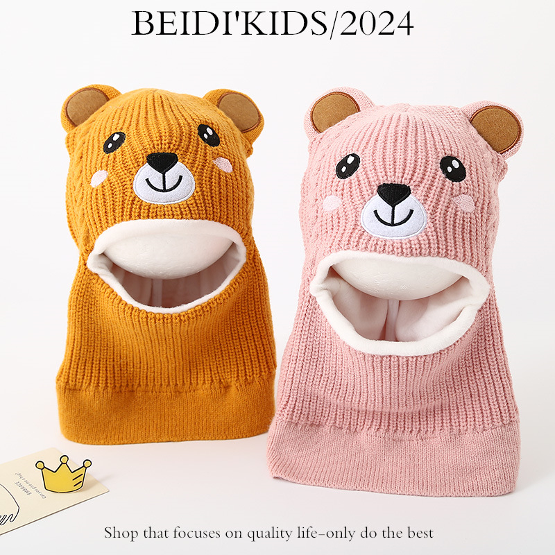 Dječja kapa, šal, integrirana pletena kapa za bebe, zadebljana topla kapa za glavu, vunena kapa s crtanim medvjedom S206