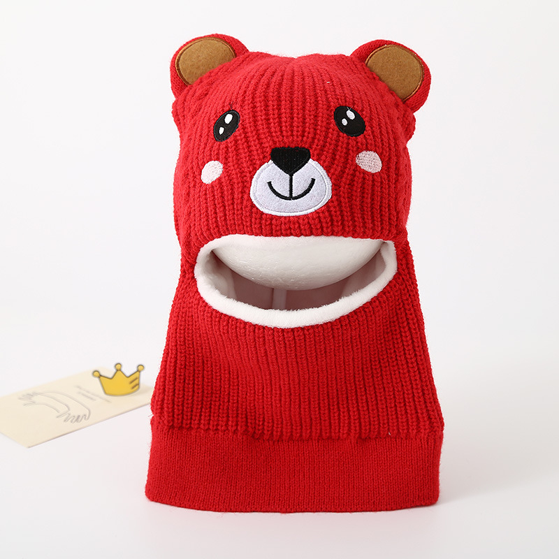 Dječja kapa, šal, integrirana pletena kapa za bebe, zadebljana topla kapa za glavu, vunena kapa s crtanim medvjedom S206