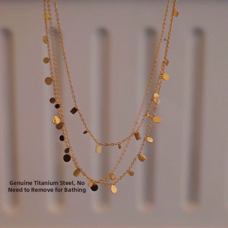 Värvivaba titaanterasest Super Flash sädelevate veepiiskadega väike ümmargune kaelakee naistele, virnastatud väikese ruudukujulise rangluu ketiga kaelakee