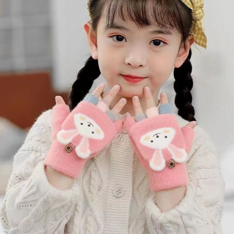 Laste väikeste jänesekindad sügis- ja talvebeebipoistele ja -tüdrukutele paksendatud soojad laste viie sõrmega algkooliõpilaste kirjutamiskindad poole sõrmega pööramiseks